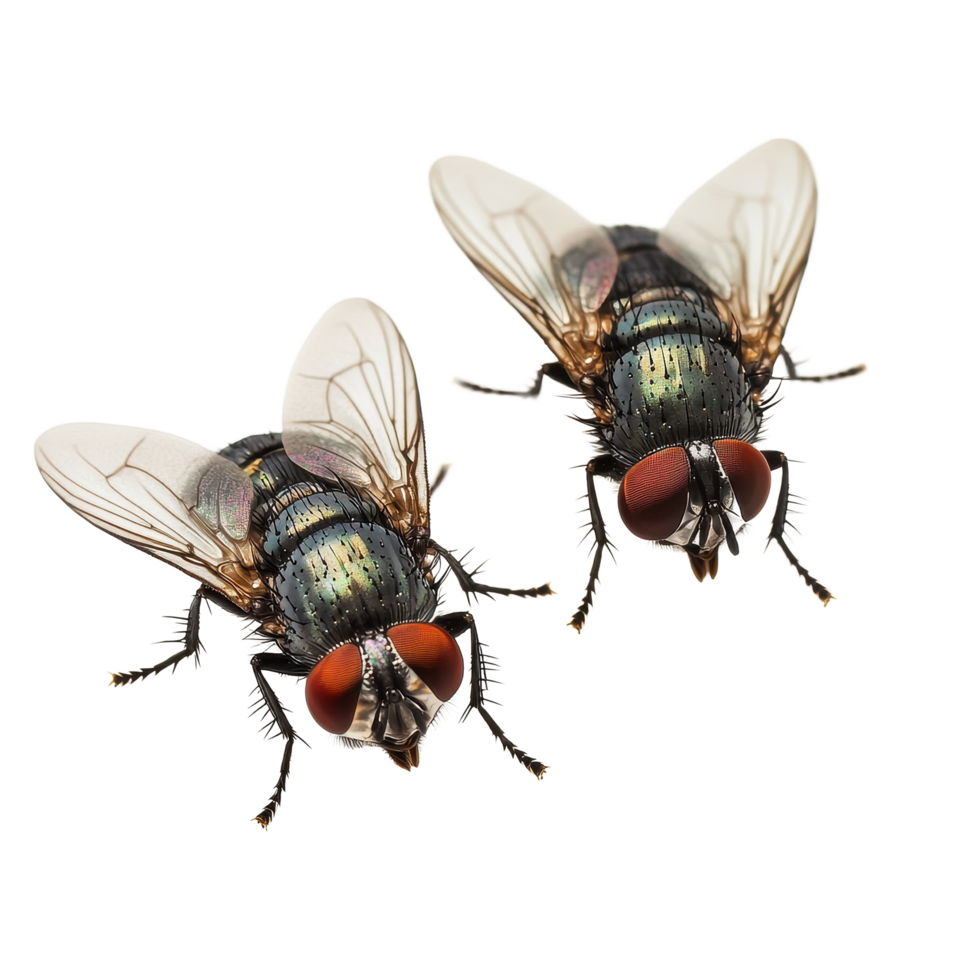 Detailed view of two houseflies on a Transparent background showcasing their unique features, Detailed View Two Houseflies Isolated background png