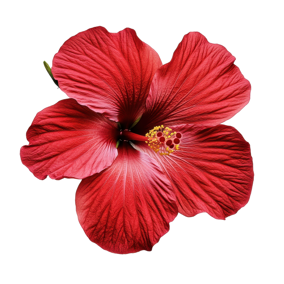 Vibrant closeup of a blooming red hibiscus flower showcasing intricate petal details, Closeup a blooming red hibiscus flower isolated on Transparent background png