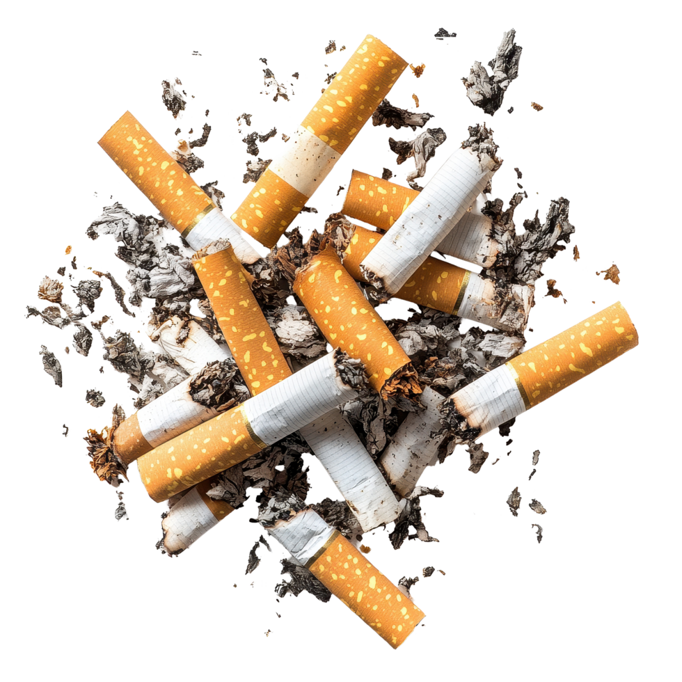Collection of discarded cigarette butts isolated against a white background with ash debris, Cigarette butts Isolated png