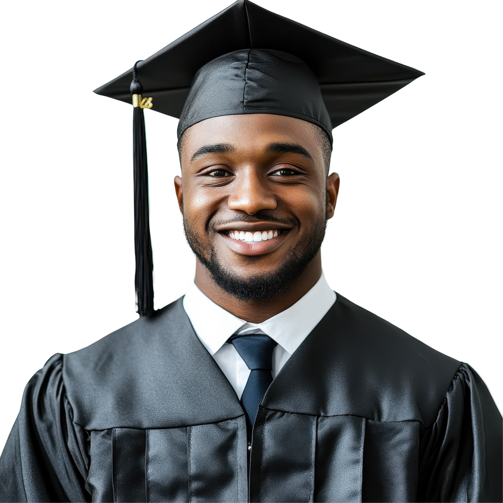 Smiling Black male graduate ready for future in graduates attire against Transparent background, Smiling Black Male Graduate Ready for Future on background png