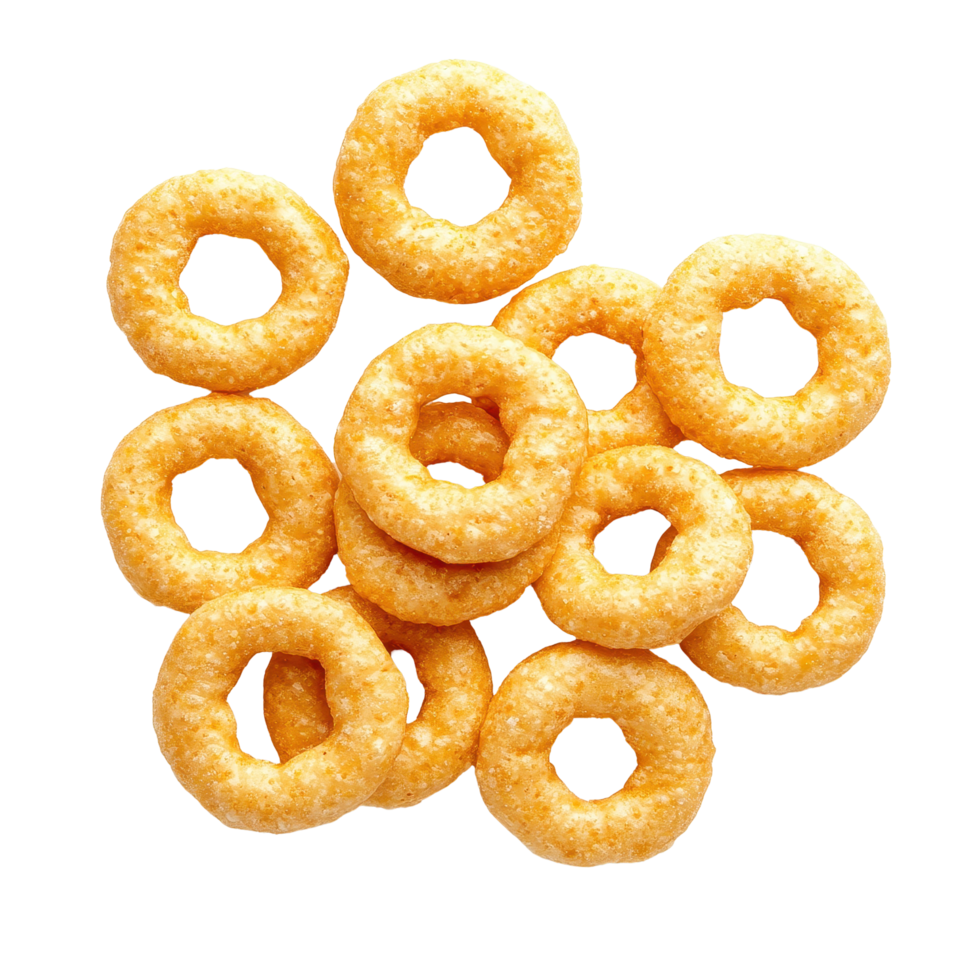 Cheerios cereal corn rings isolated on a white background showcasing their round shape and texture, Cheerios cereal corn rings isolated on white background png