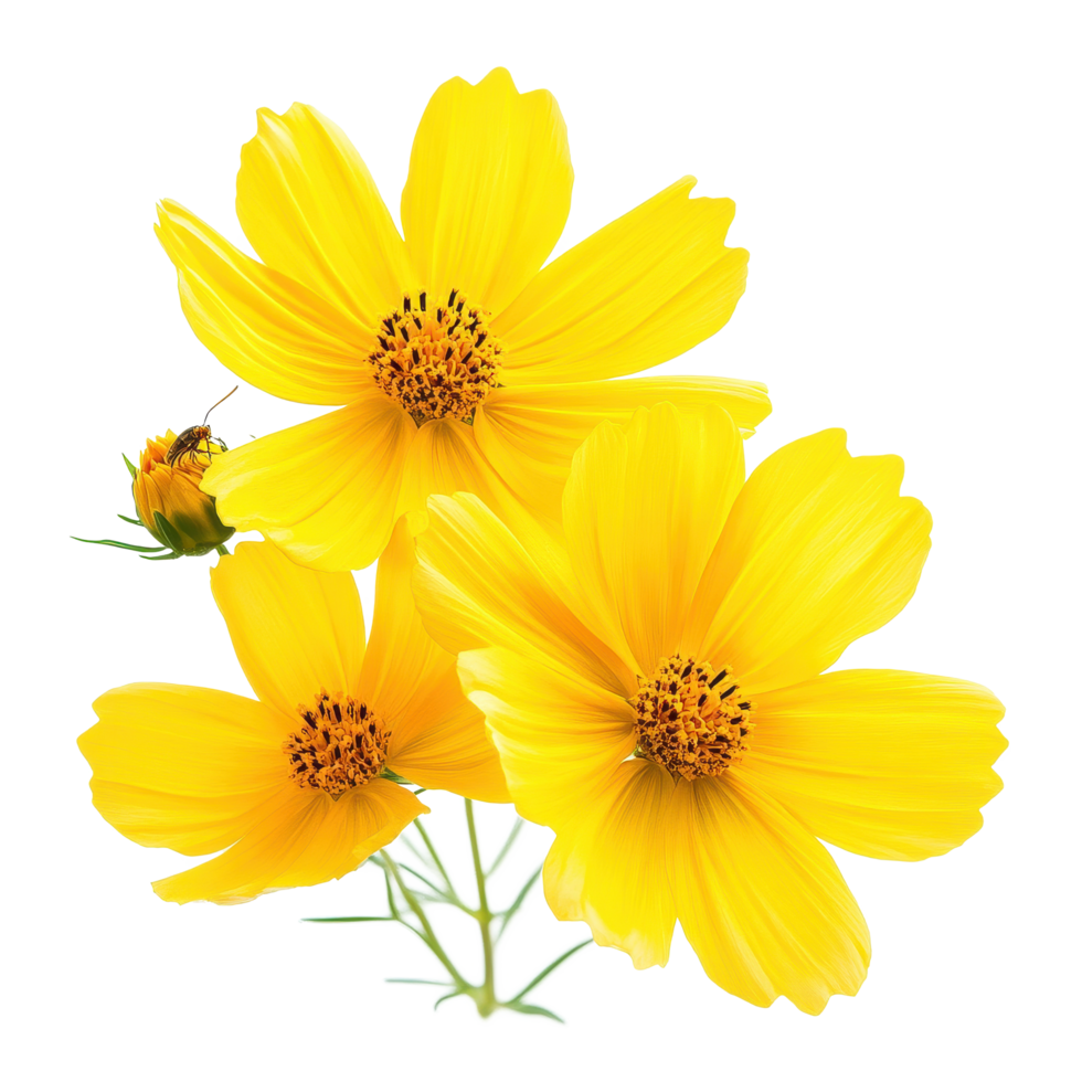 Bright yellow cosmos flowers attract nectarseeking insects in the garden during summer, Closeup yellow cosmos flowers with nectarseeking insects isolated on Transparent background png