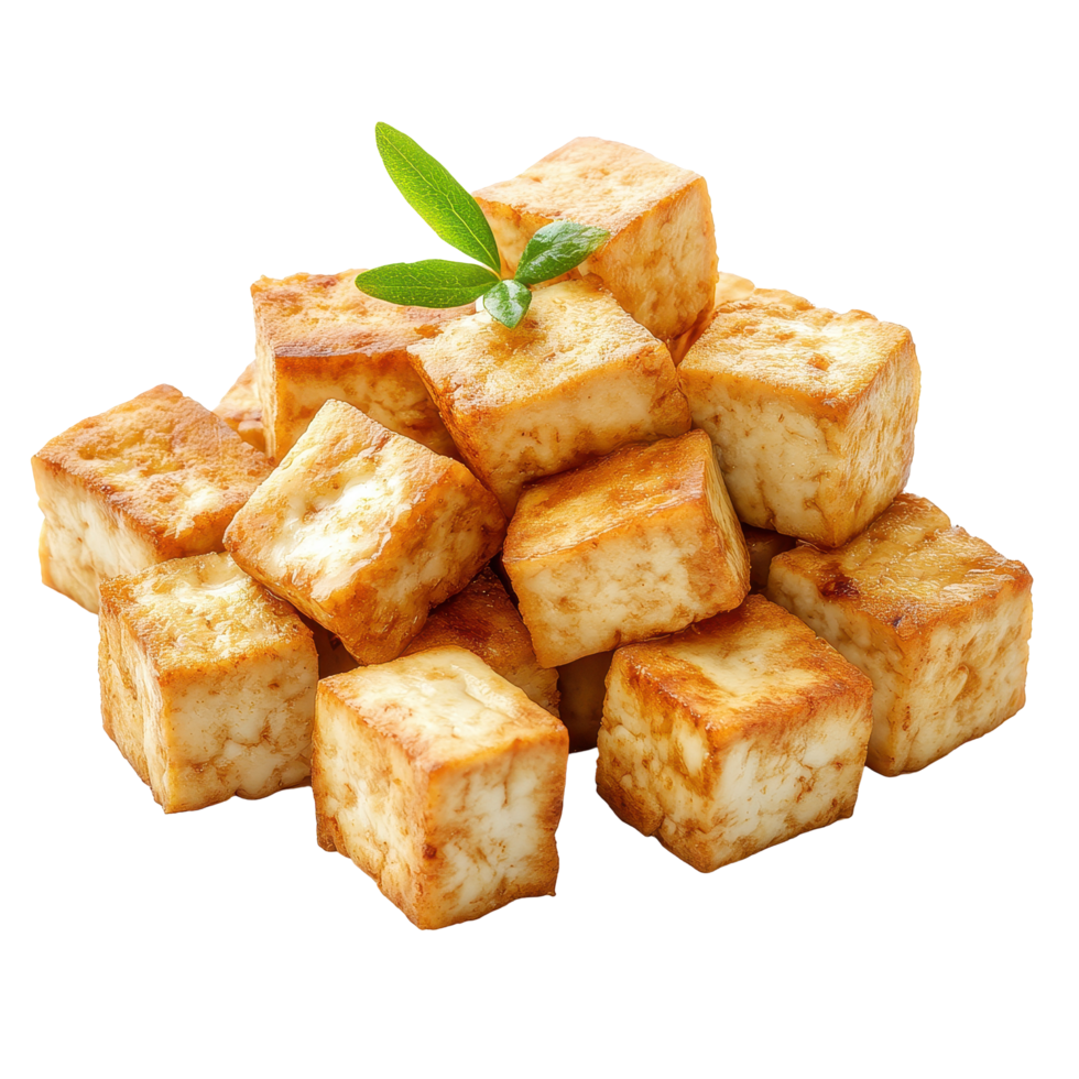 Fried tofu cubes presented on a clean white background with a touch of green garnish for freshness, Fried tofu cubes isolated on white background png