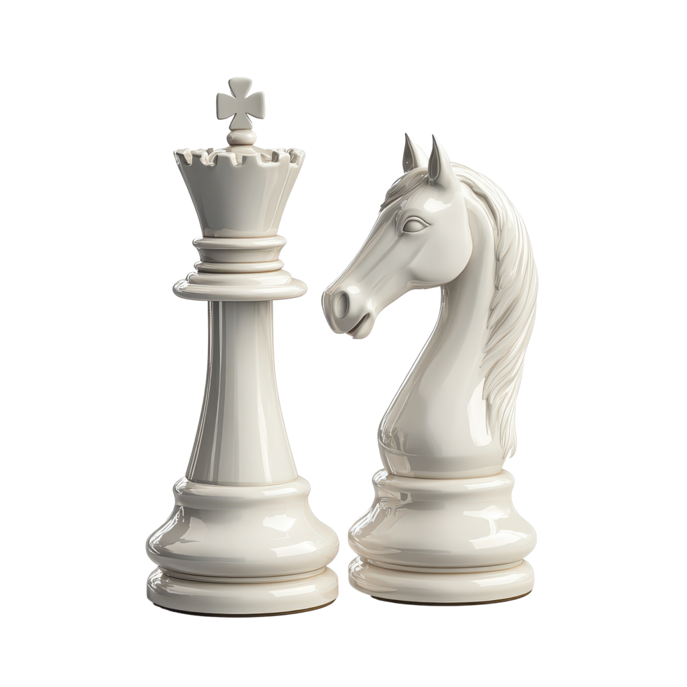 White chess queen and knight pieces on a bright background showcasing strategic elements of the game, white chess queen and horse isolated non isolated on Transparent background png
