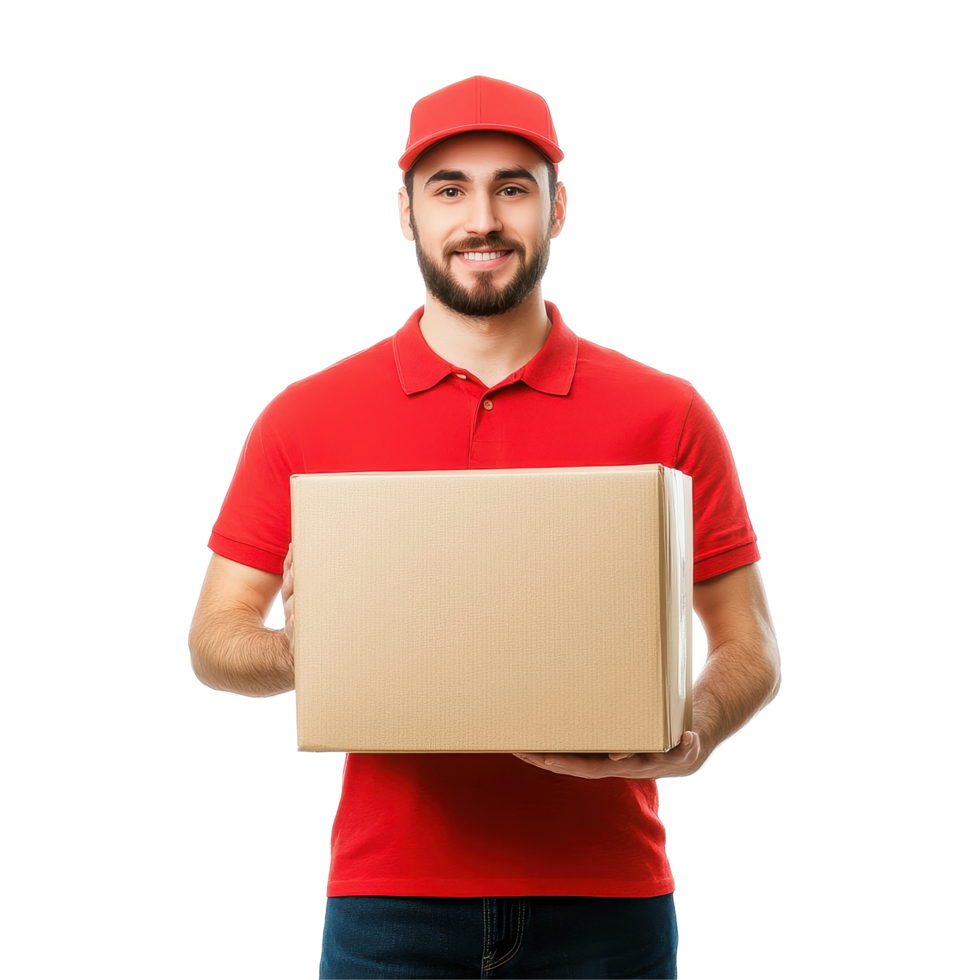 Delivery man smiling while holding a package in a studio setting with a Transparent background, Delivery Man with Package Isolated on background png