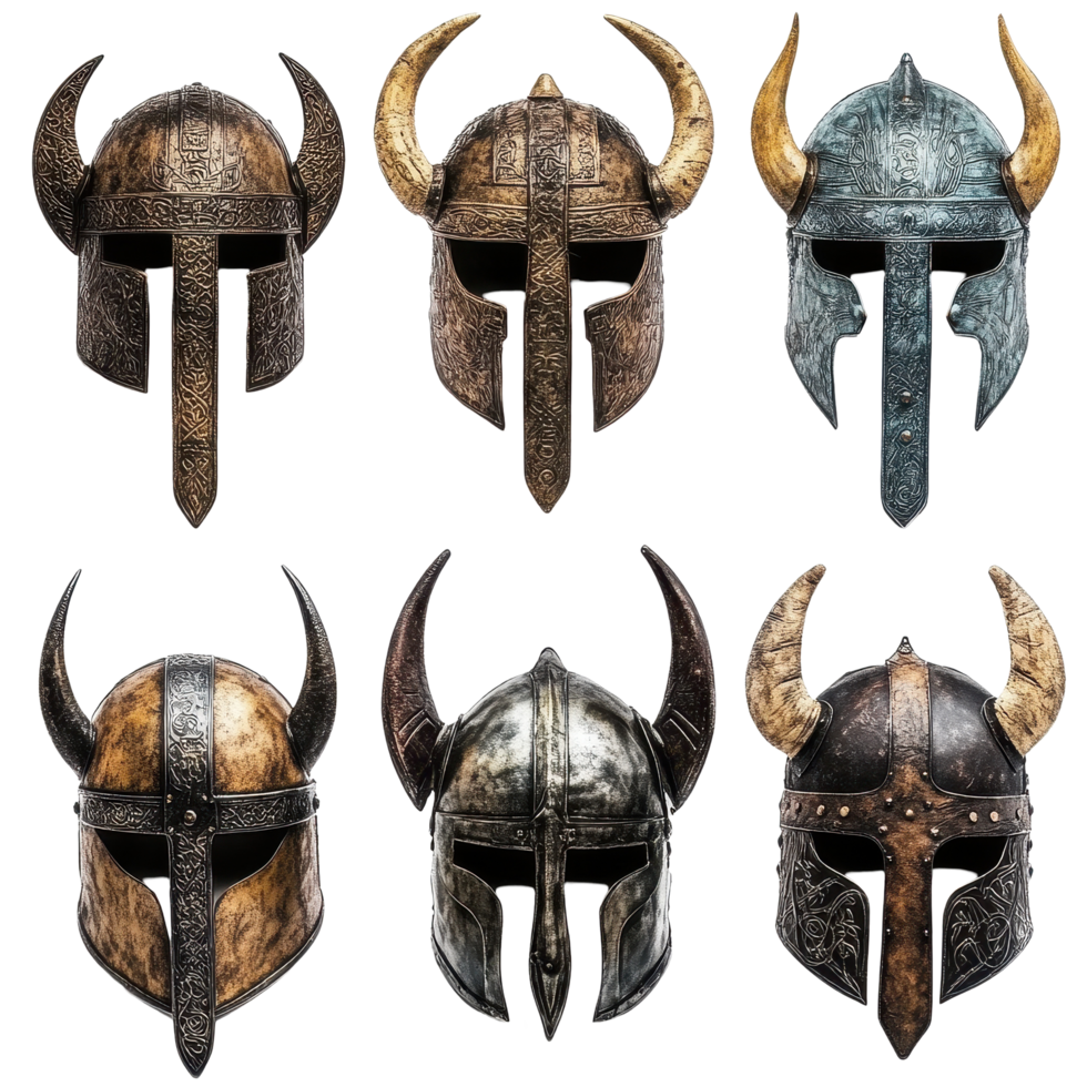 Viking helmets on a Transparent background showcasing historical replications and unique designs for collectors, Viking helmets isolated on background png
