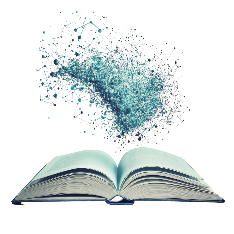 Open study book with a burst of abstract ideas and concepts above it, Open study book. Education concept png