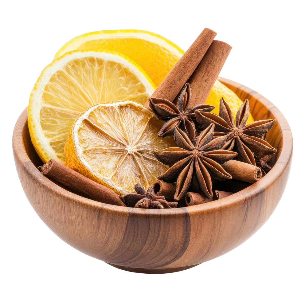 Dried lemon slices, cinnamon sticks, and star anise create a warm spice blend in a wooden bowl, Cinnamon sticks, dried lemon and star anise spice in wooden bowl isolated on white background png