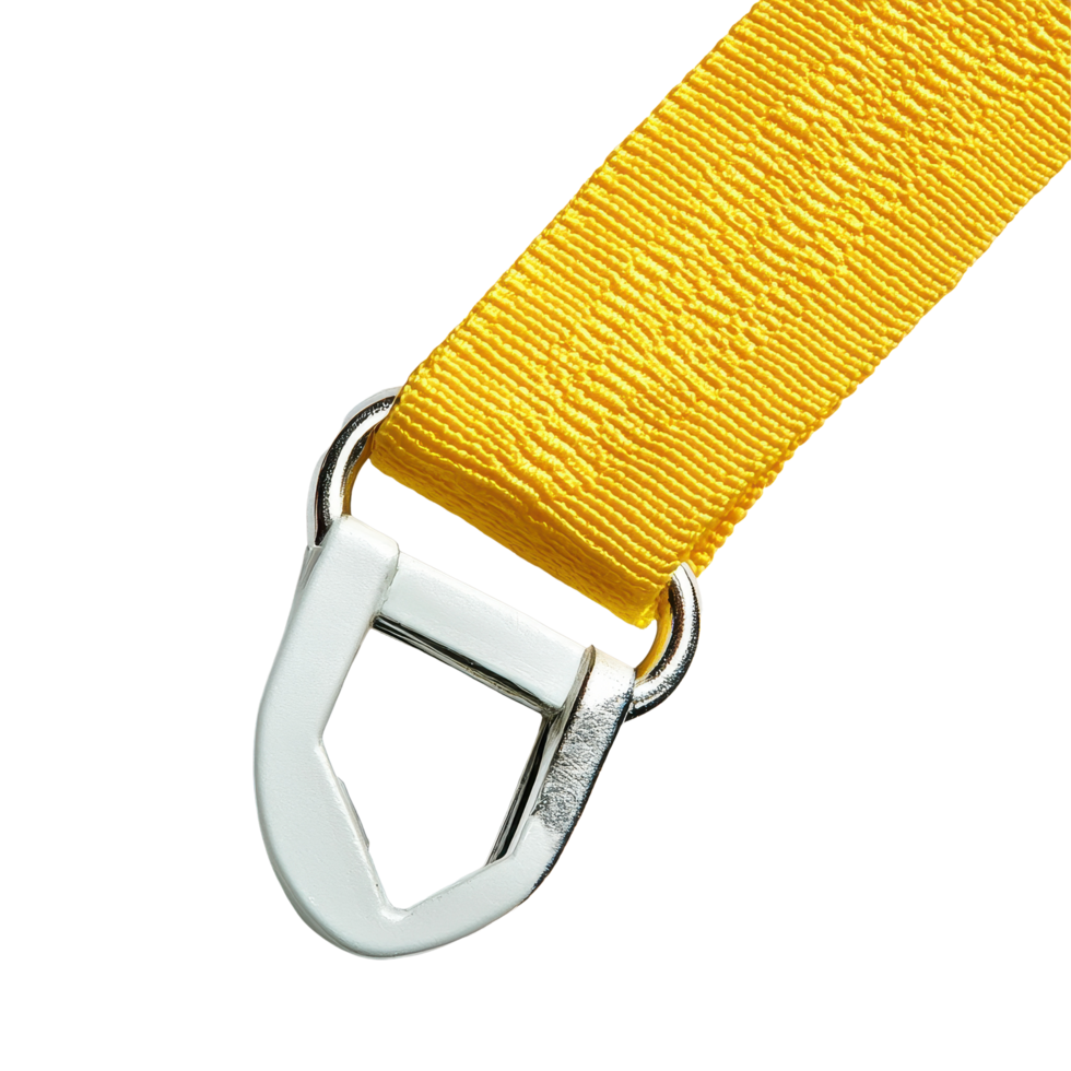 Yellow nylon webbing with white steel buckle designed for durable fastening and secure holding, Isolated image yellow nylon webbing with white steel hook on Transparent background png