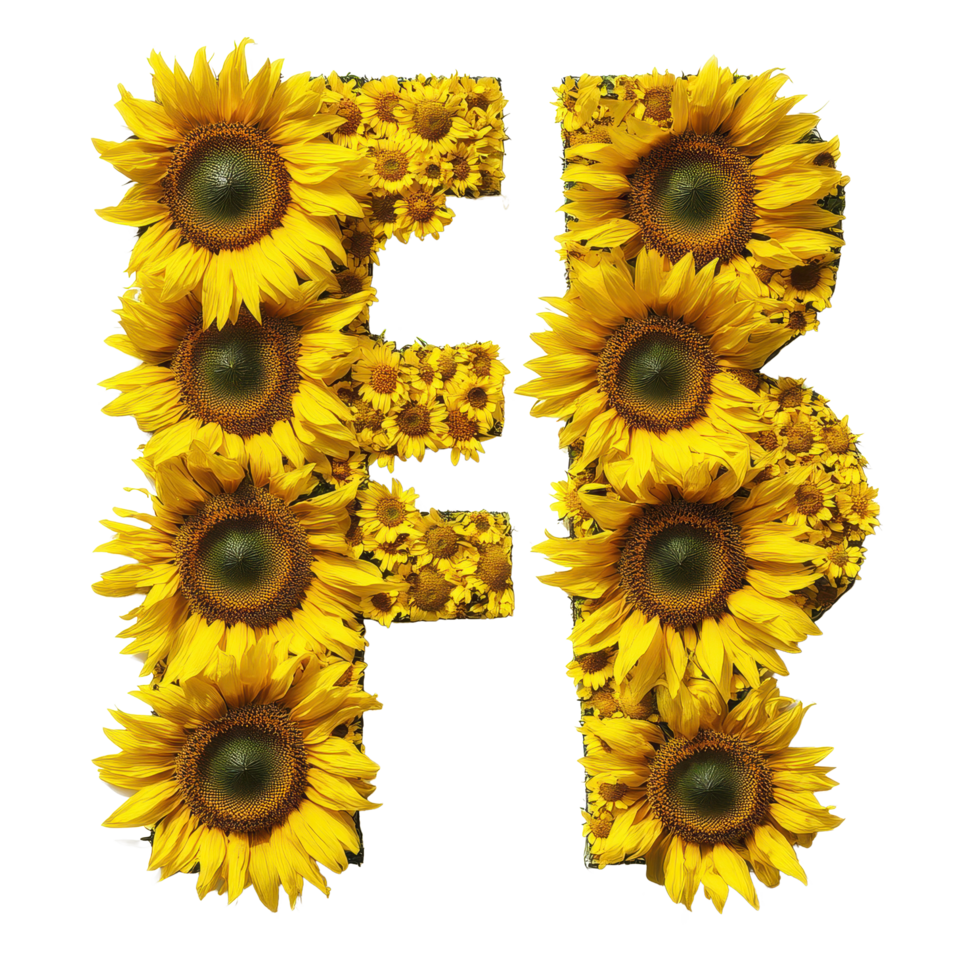 Sunflowers creatively arranged to form the letters E, F, G, and H in a bright display of floral artistry, Image sunflowers arranged in letters EFGH isolated on white background png