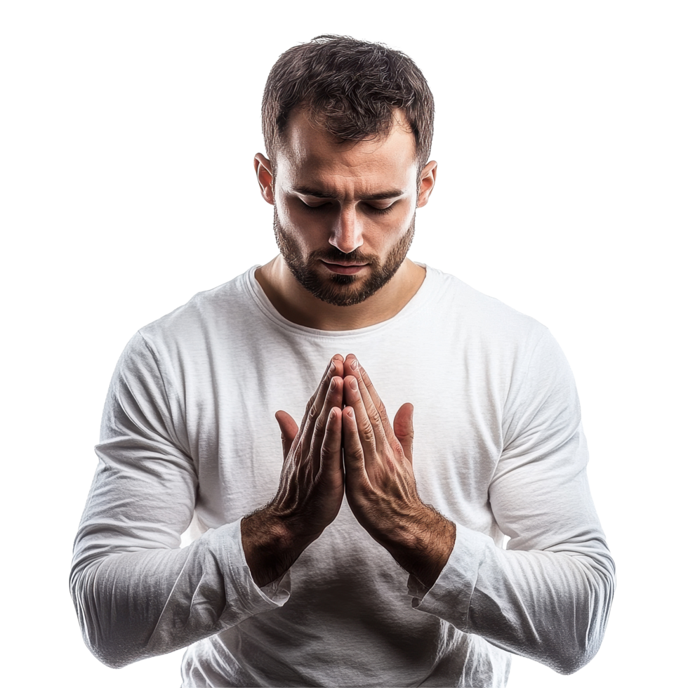 Man praying with hands pressed together in a moment of devotion and reflection, Man Praying with malted palms. Christianity symbol, Transparent background png