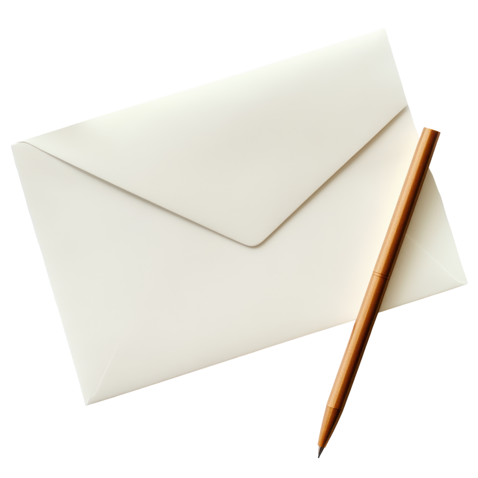 Elegant stationery arrangement featuring an envelope and a pen on a clean white surface, White Page with Envelope and Pen Transparent background png
