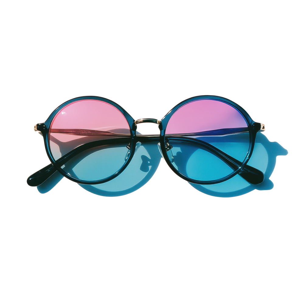 Stylish tinted glasses resting on a white surface with shadows of palm leaves in a bright setting, Tinted glasses on a Transparent background png