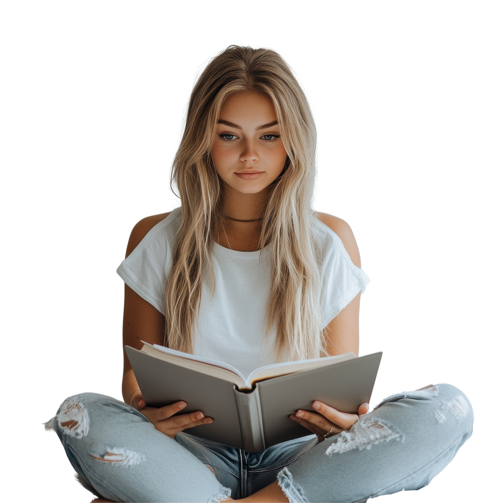Caucasian female sitting cross legged reading a book in a minimalistic indoor setting, Caucasian female sitting cross legged with a textbook and laptop open in front her png