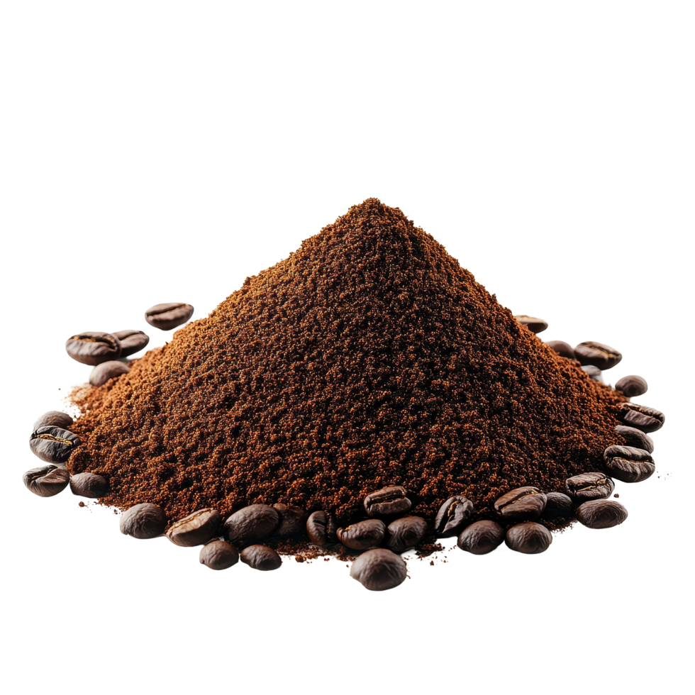 Freshly ground coffee powder and beans on a Transparent background showcasing rich aromas and textures, Pile of fresh ground coffee powder isolated on background png
