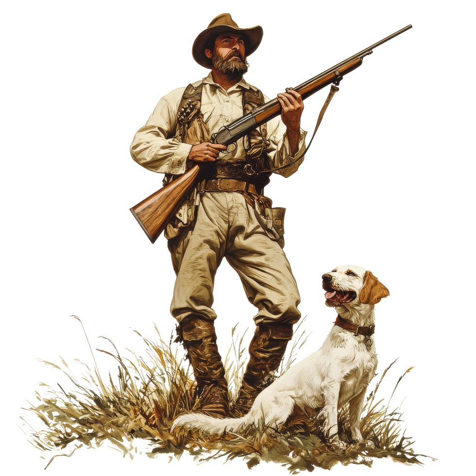 Male hunter stands confidently with rifle and dog on a Transparent background, prepared for an outdoor adventure, Male Hunter with Rifle and dog on background png