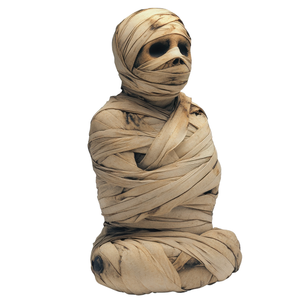 Scary mummy wrapped in bandages sits in a chilling pose in an isolated setting, scary mummy wrapped in bandages, file of isolated object with shadow on White background png
