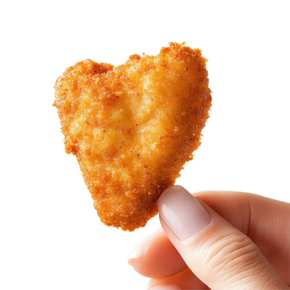 Hand holding a crispy chicken nugget strip shaped like a heart against a plain white background, Hand holding a chicken nugget, strip, isolated on white background png