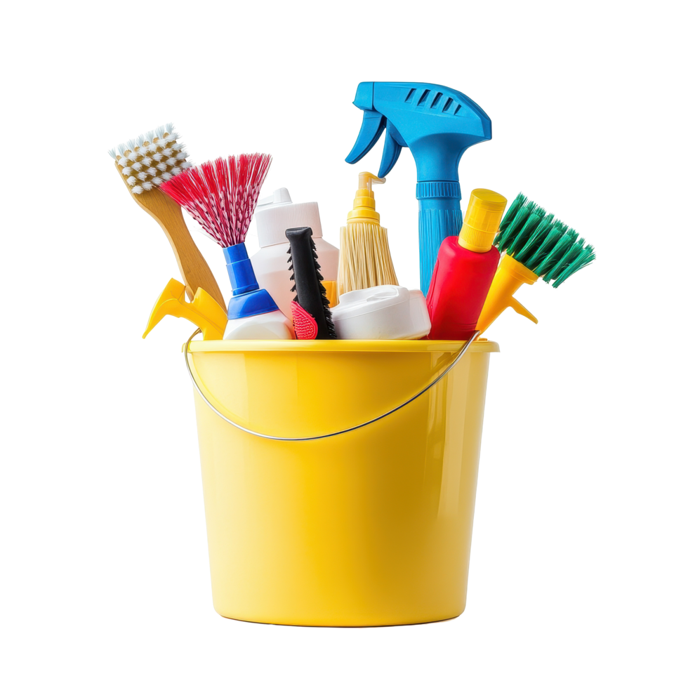 Cleaning supplies and tools arranged in a bright yellow bucket on a white background, Cleaning Supplies and Tools in Bucket on white background png