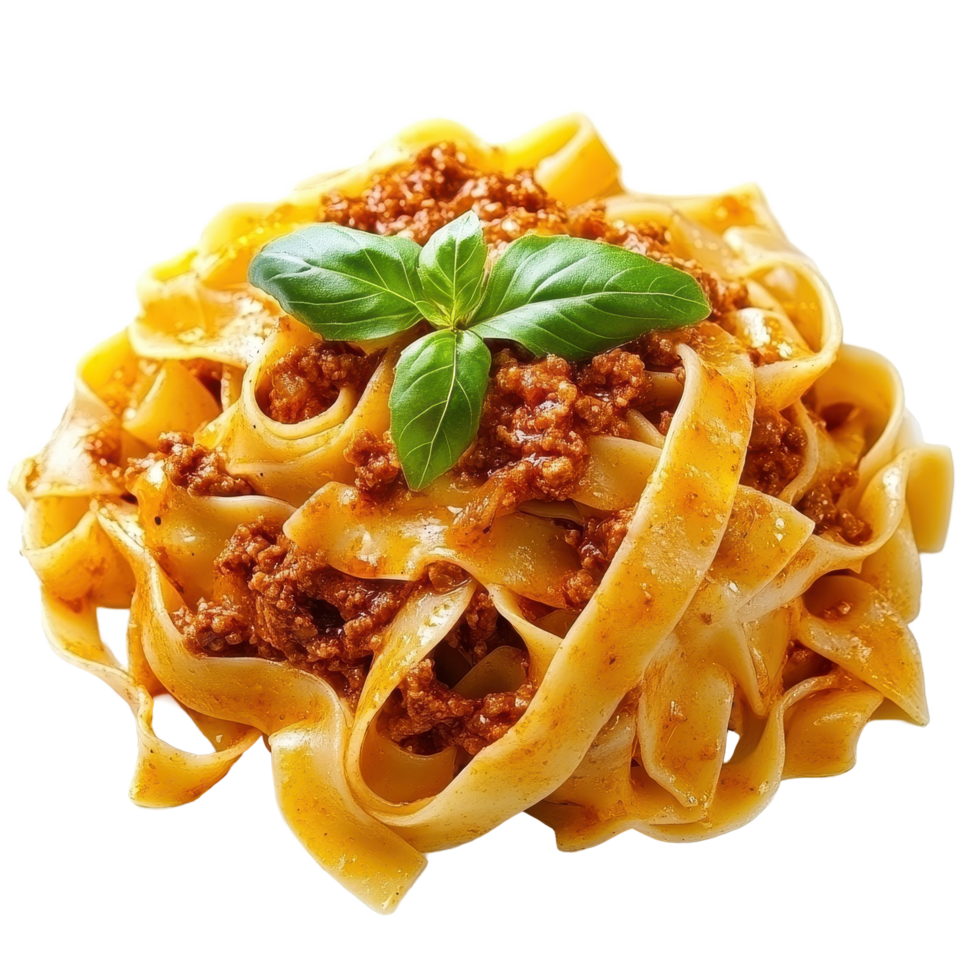 A generous serving of pasta bolognese features wide, tender fettuccine noodles topped with a rich, meaty sauce, Delicious pasta bolognese on Transparent background png