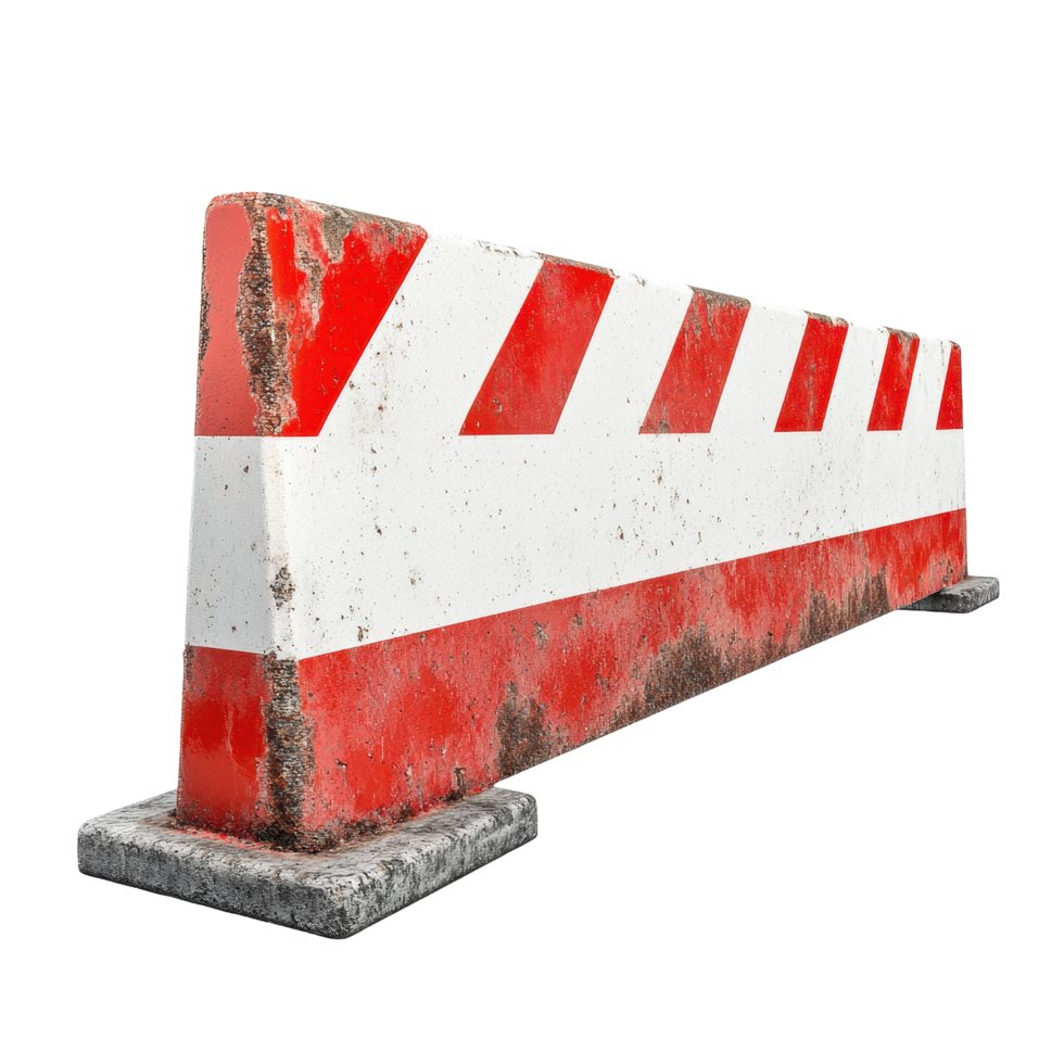 Concrete road barriers with red and white stripes for construction zones in urban settings, red and white concrete road barriers isolated on Transparent background png