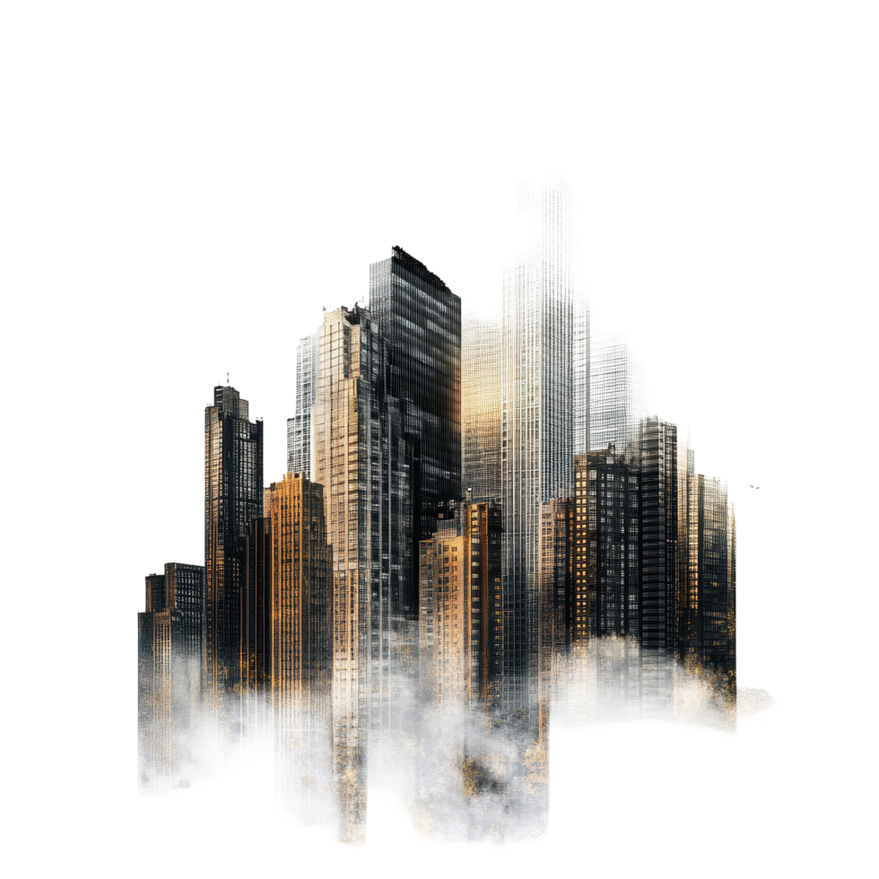Elevated view of a modern urban landscape with towering skyscrapers enveloped in mist, Impressive View an Urban Landscape With Towering Skyscrapers, white background png