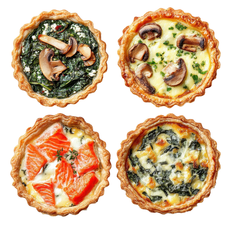 Quiche selection featuring classic Lorraine, mushroom, spinach, and feta varieties in a cozy kitchen setting, Quiches Classic Lorraine, Mushroom, Spinach Feta, and Salmon on Transparent background png
