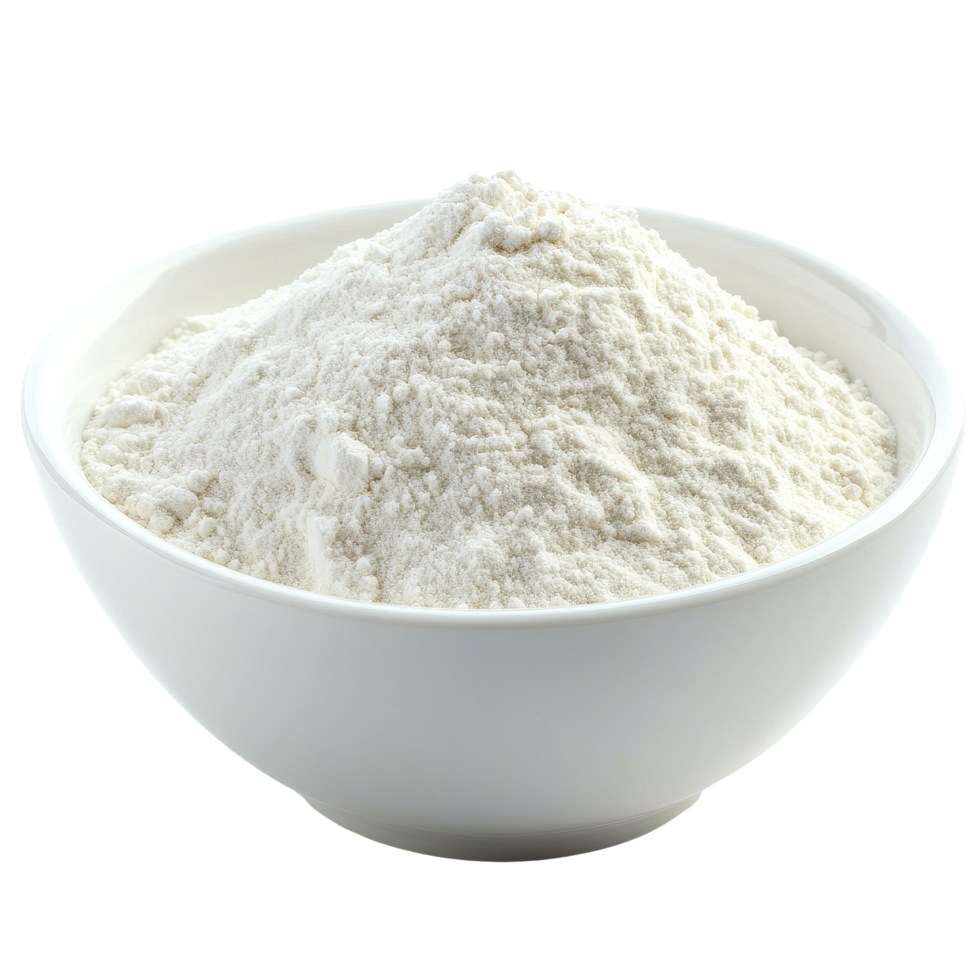Flour piled high in a white bowl on a plain white background for culinary uses and baking preparations, Flour in a white bowl isolated on white background png