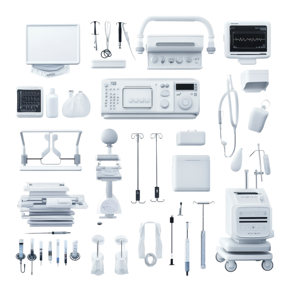 Medical equipment array on Transparent background showcasing diagnostic and treatment devices, Medical Equipment isolated on background png
