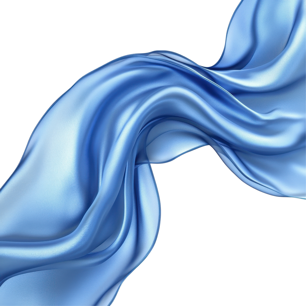 Elegant blue silk fabric gracefully flowing on a white background creating a serene visual sensation, Elegant Blue Silk Fabric Flowing On white background png
