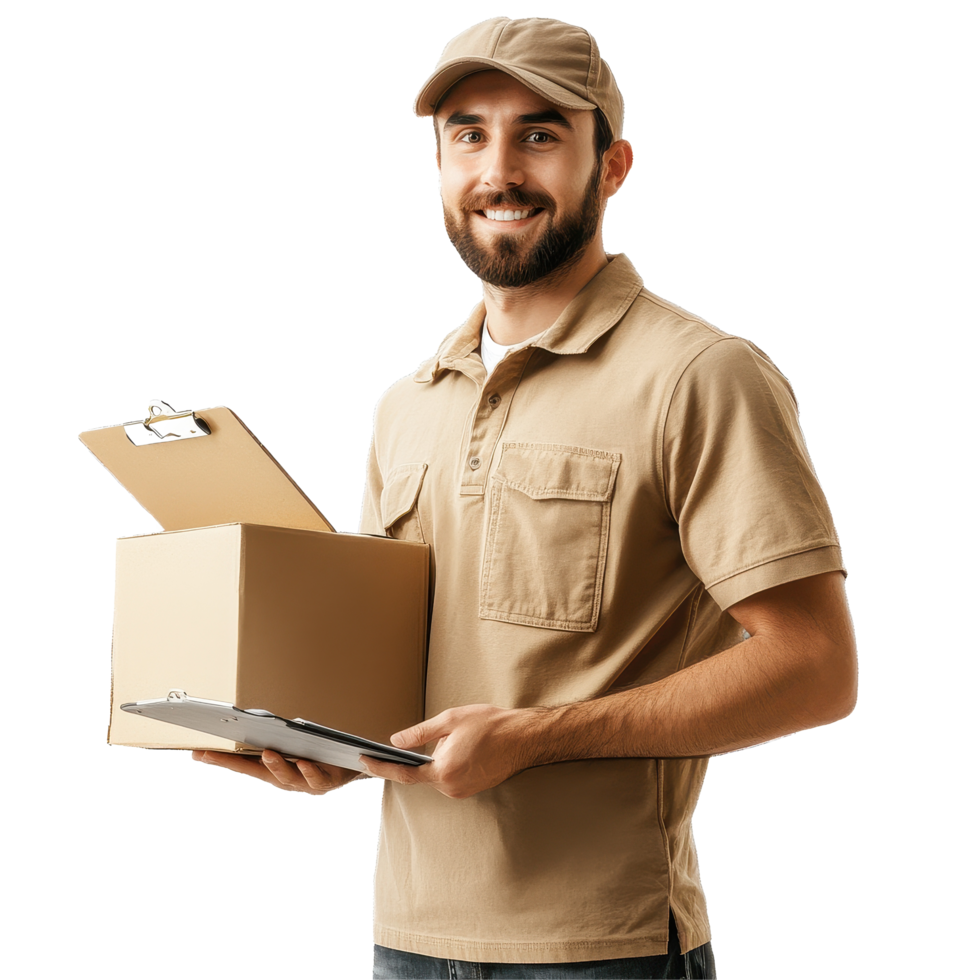 Delivery man holding package and clipboard in studio setting against Transparent background, Delivery man with box and clipboard isolated on background png