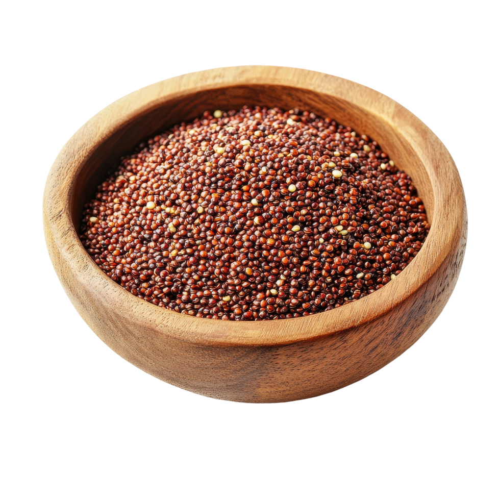 Red quinoa in a wooden bowl against a clean Transparent background for healthy cooking, red quinoa in wood bowl isolated on background png