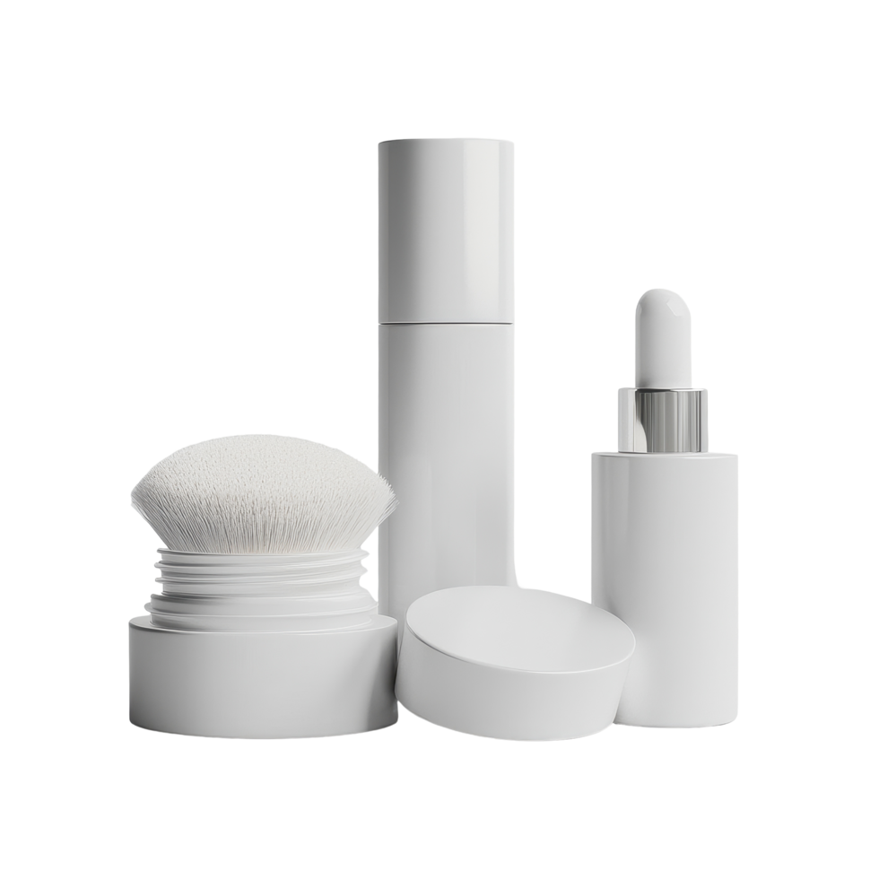 Cosmetic products placed on a white surface emphasizing simplicity and elegance, cosmetic products in white containers isolated png