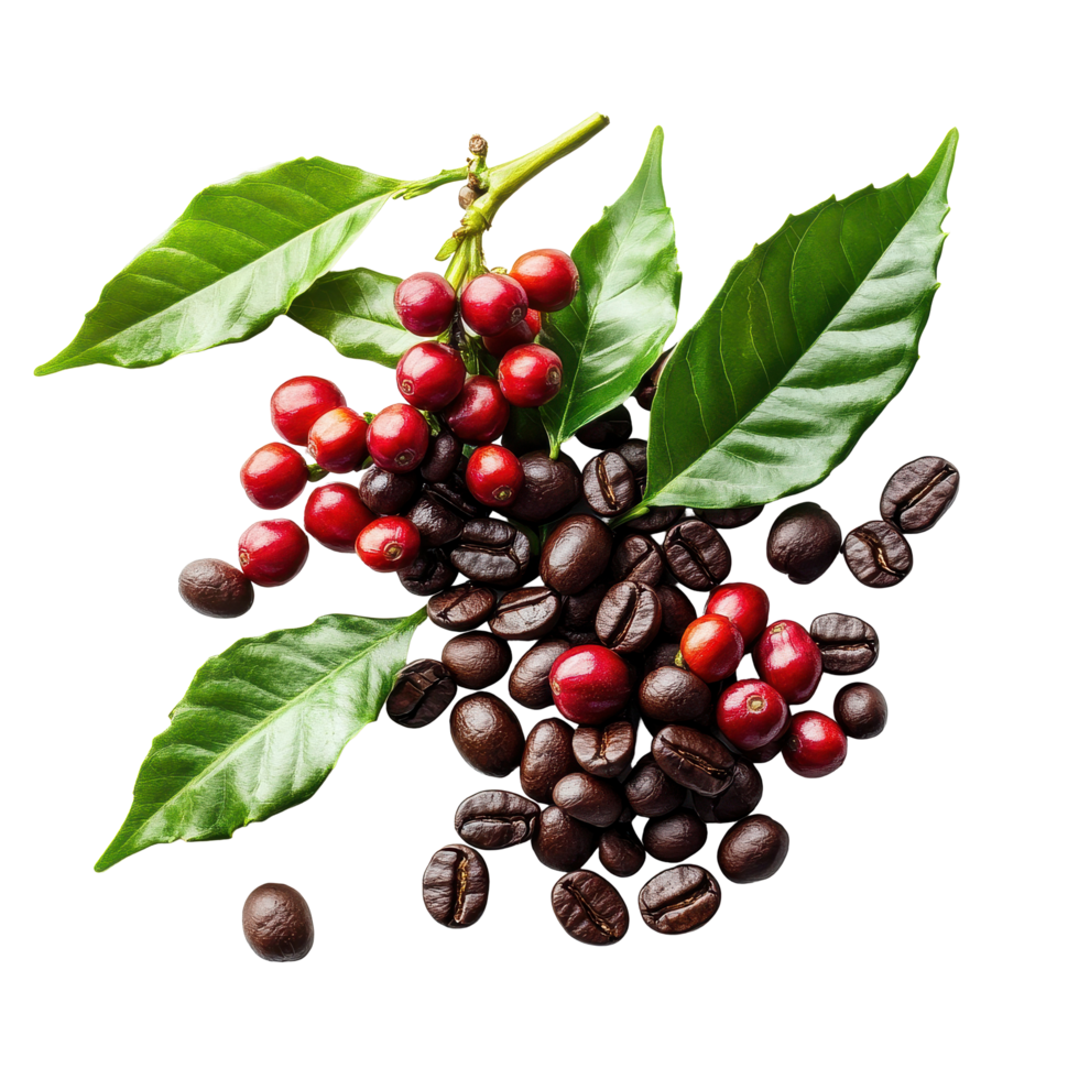 Coffee beans and berries showcasing the journey from plant to cup on a clean Transparent background, coffee beans berries isolated on background png