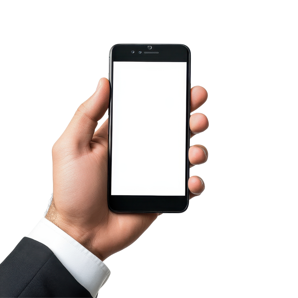Business professional showcasing mock up smartphone in hand for presentation purposes, Business man person hold mock up phone in hand on White background file png