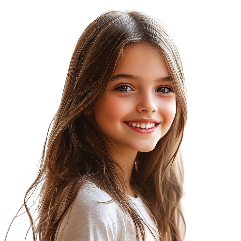Portrait of a smiling young girl with long hair, brightening the day with her cheerful expression, Portrait smiling young girl for profile picture. realistic , Transparent background png