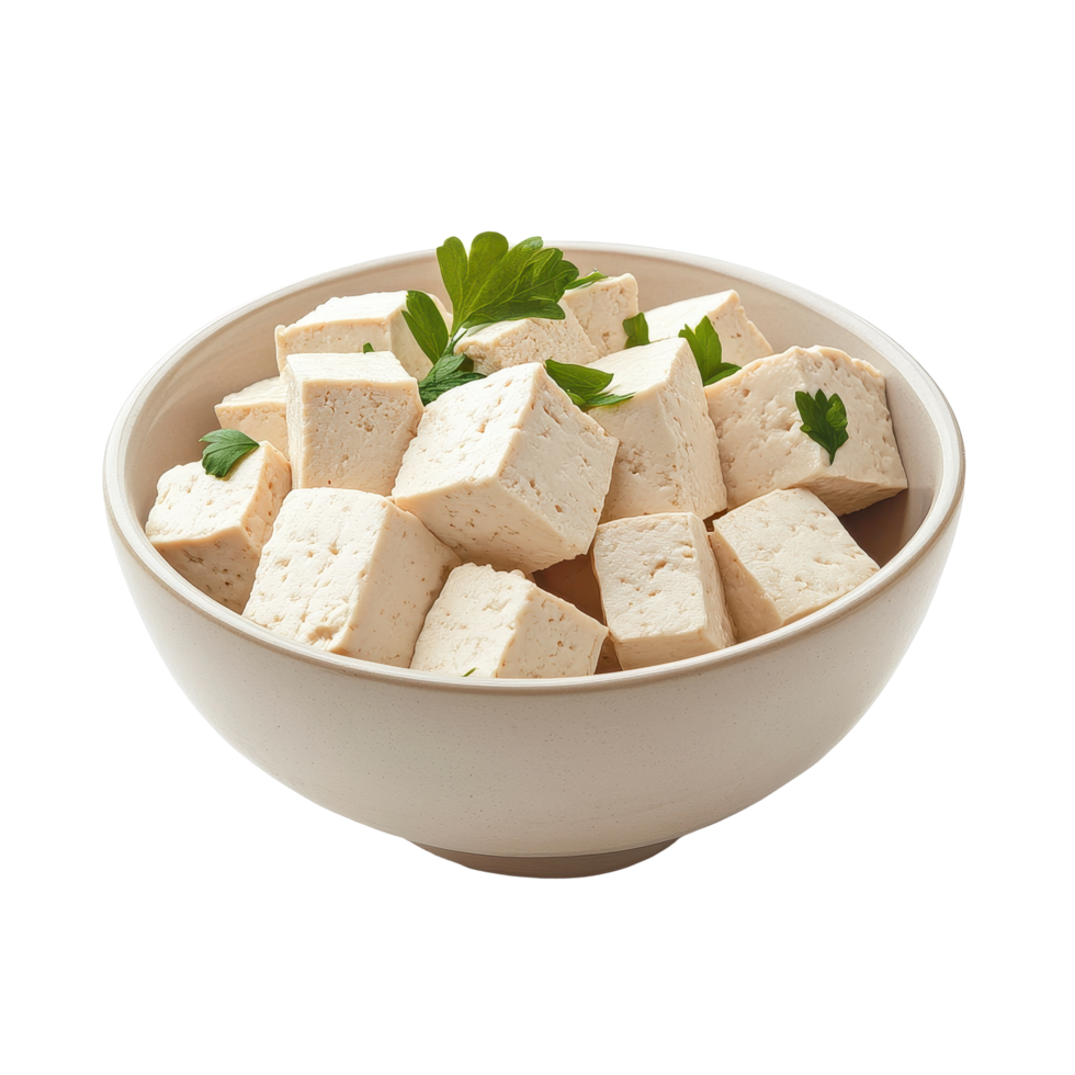 Fresh tofu cubes in a bowl on a Transparent background ready for cooking or serving, Tofu in bowl isolated on background png