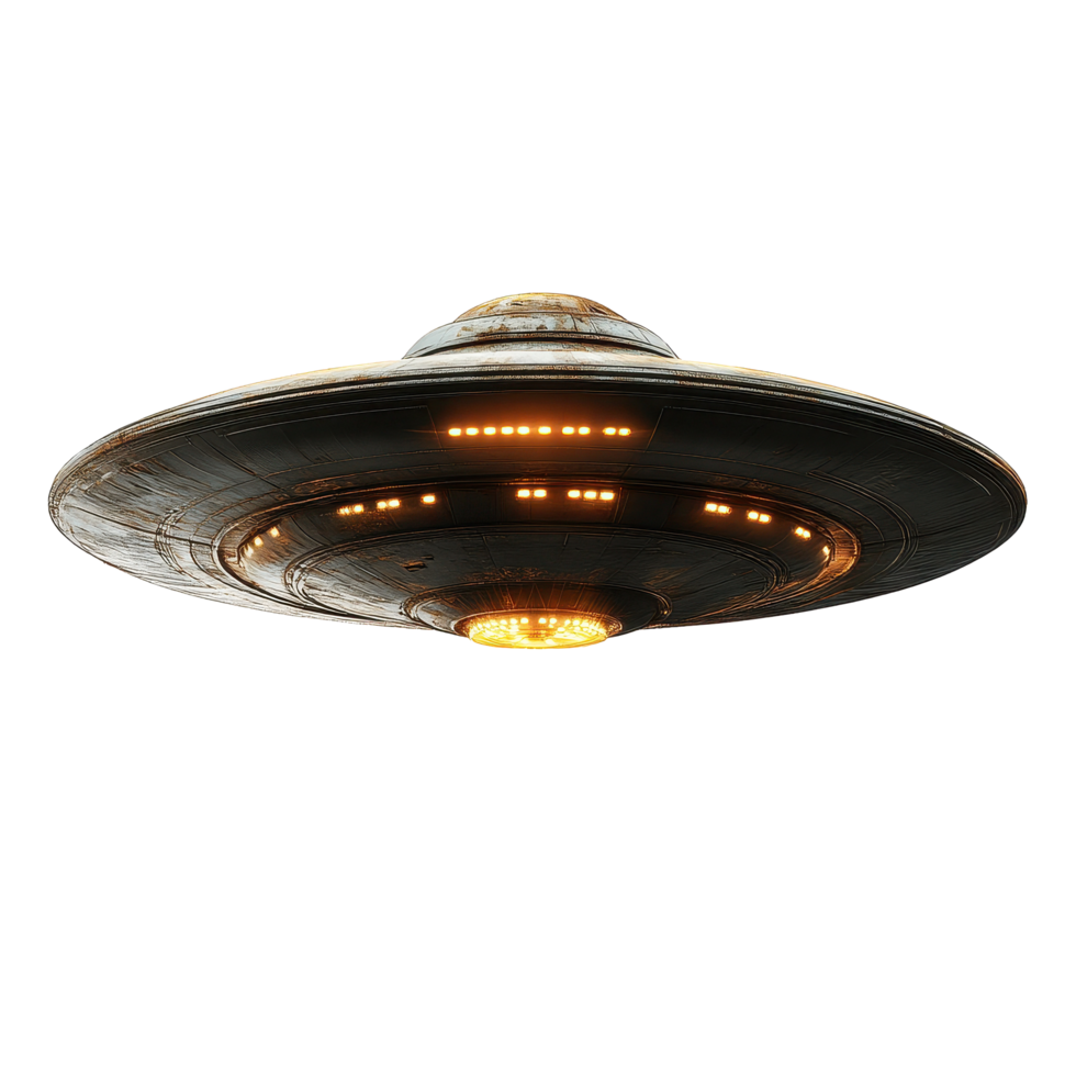 Flying saucer UFO isolated on white background showcasing detailed structure and lighting, Flying saucer, ufo, uap isolated on white background png