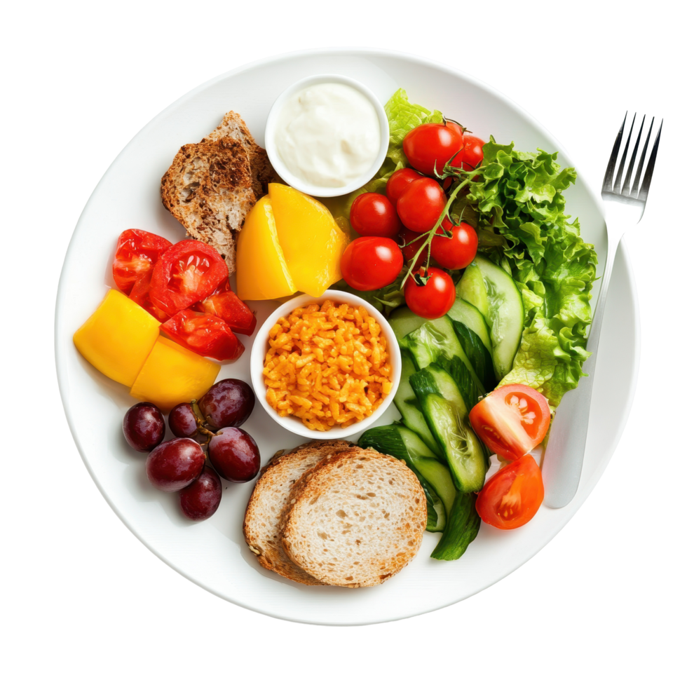 Healthy and colorful meal with fresh fruits, vegetables, and whole grain bread on a white plate, Healthy Meal Isolated on white background png