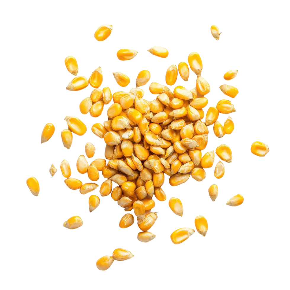 Yellow corn seeds scattered on a Transparent background showcasing agricultural potential, Corn seeds isolated on background png