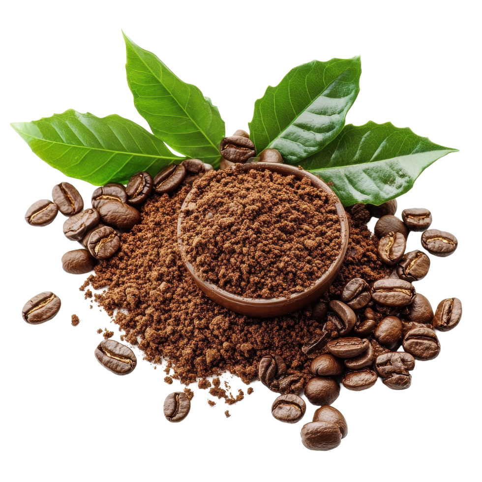Instant coffee granules and fresh coffee leaves arranged on a clean white background, instant coffee and leavesisolated on white background png