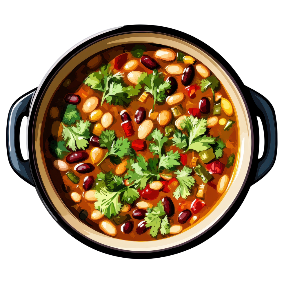 Vibrant bean soup with cilantro and chili simmering in a pot, ready to serve, Vibrant Bean Soup with Cilantro and Chili Simmering in a Dutch Oven Transparent background png