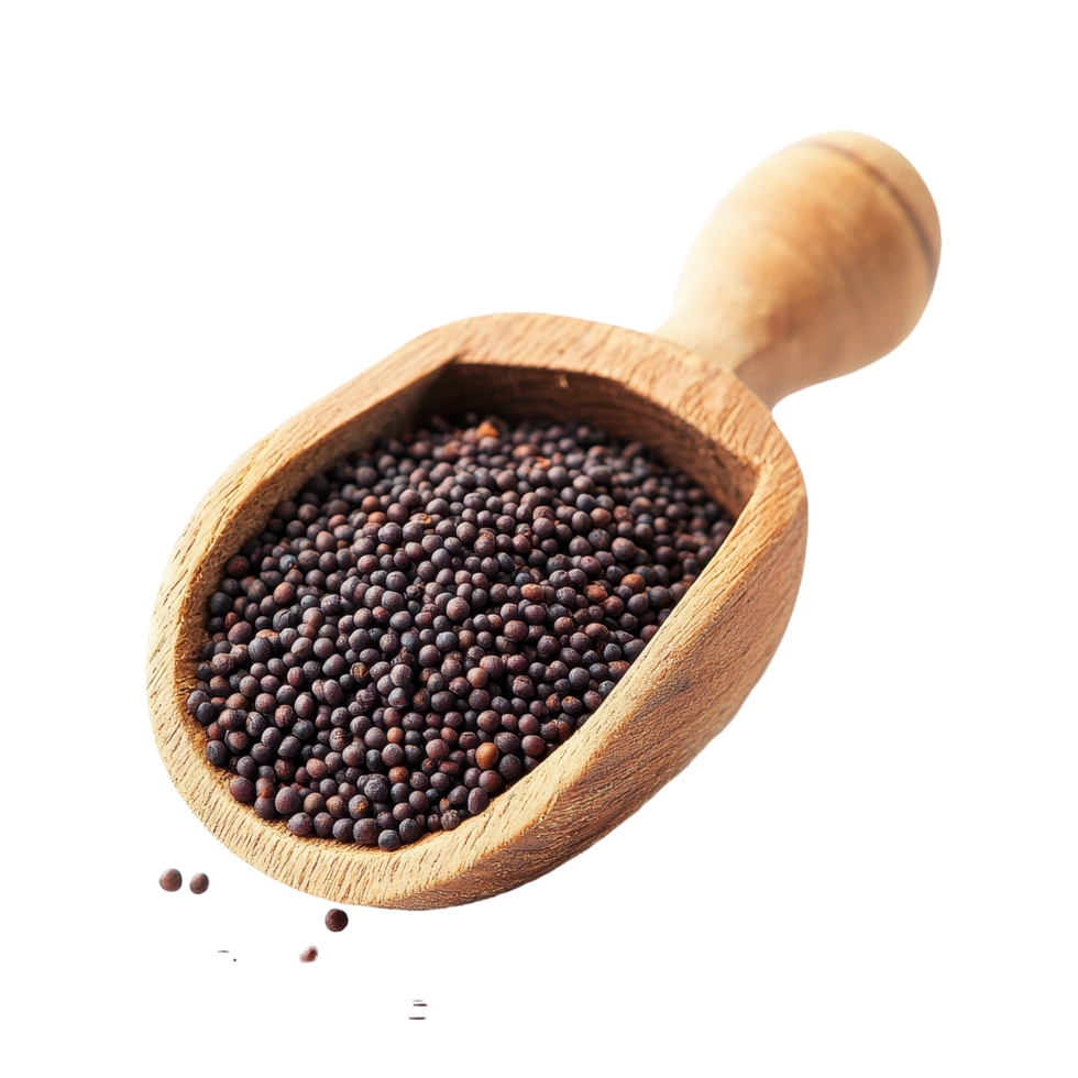 Mustard seeds in a wooden scoop isolated on Transparent background for culinary use and spice preparation, mustard seeds in wood scoop isolated on background png