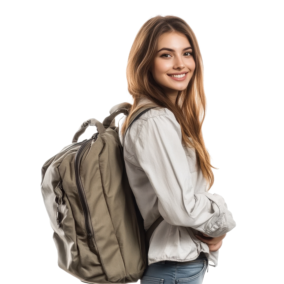 Young woman with travel bag poses against Transparent background ready for adventure, Pretty young woman with travel bag isolated on background png