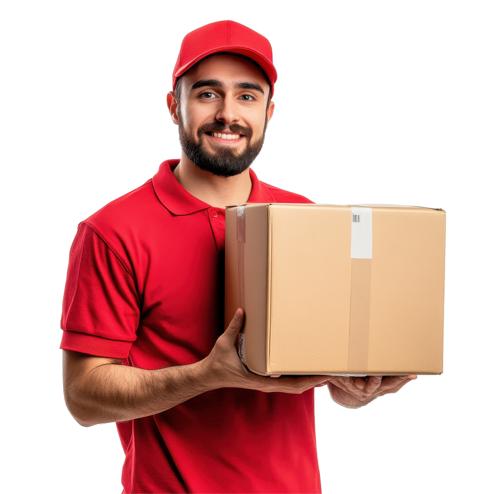 Delivery man smiling while holding a package in front of a Transparent background, Delivery Man with Package Isolated on background png