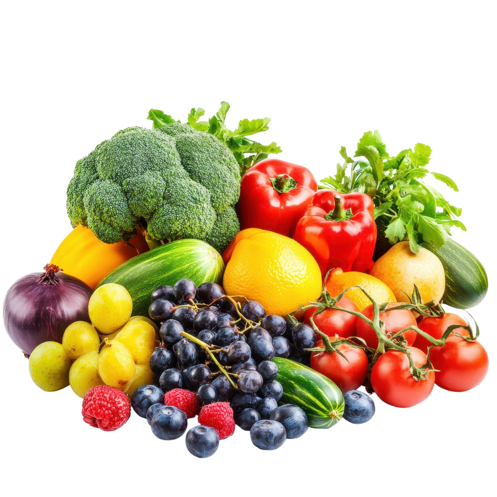 Fresh mixed fruits and vegetables showcasing vibrant colors and healthy options for meals and snacks, Mixed different fruits and vegetableisolated on Transparent background png