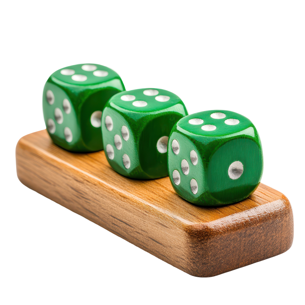 Green game dice arranged neatly on a wooden base against a white background, Green board game counter isolated on white background png
