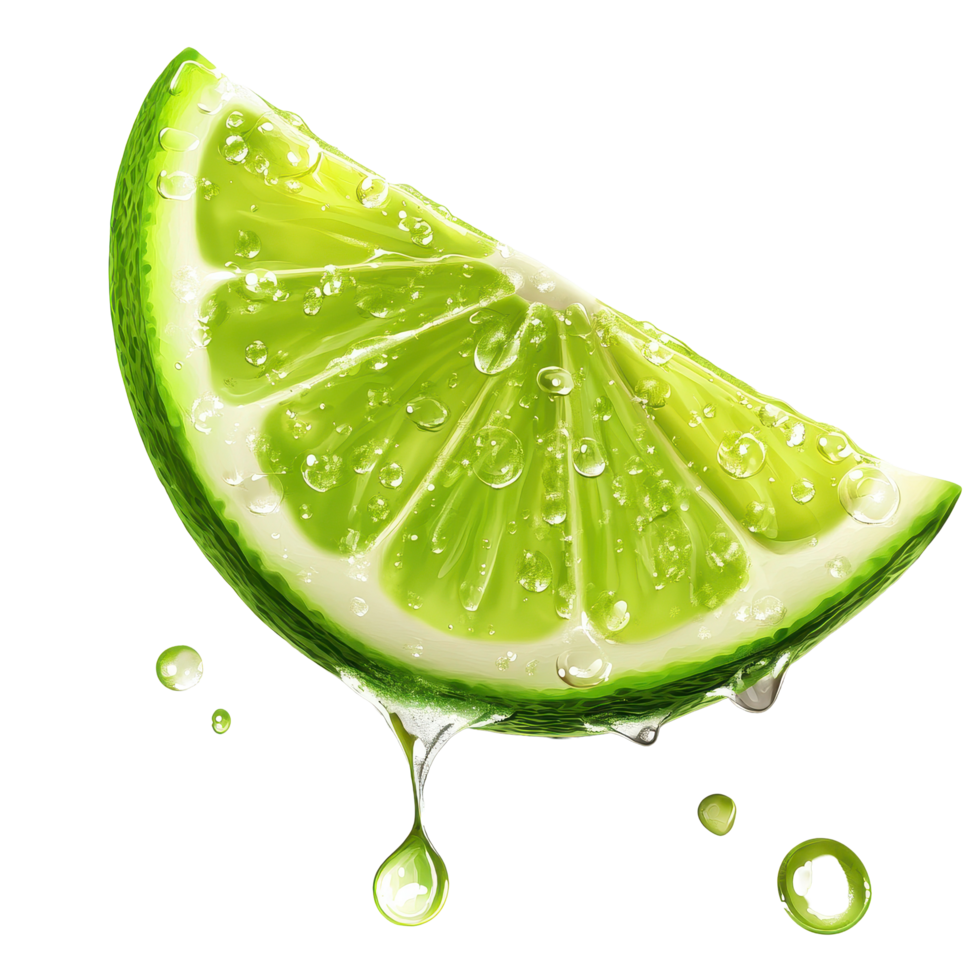 Freshly sliced juicy lime dripping with water on a clean white surface, Juicy slice of lime with drop of water on Transparent background png