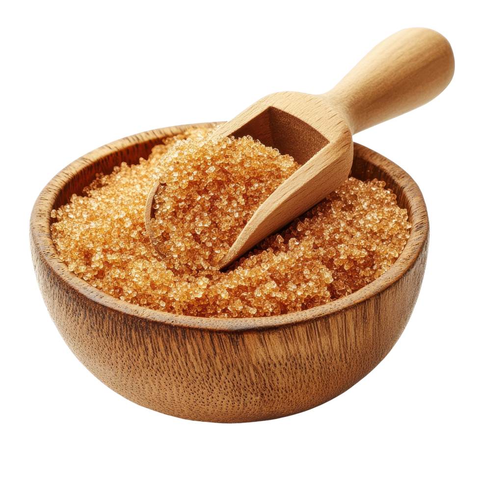 Brown sugar nestled in a wooden bowl with a scoop ready for culinary use, Brown sugar in wood bowl and scoop isolated on white background png