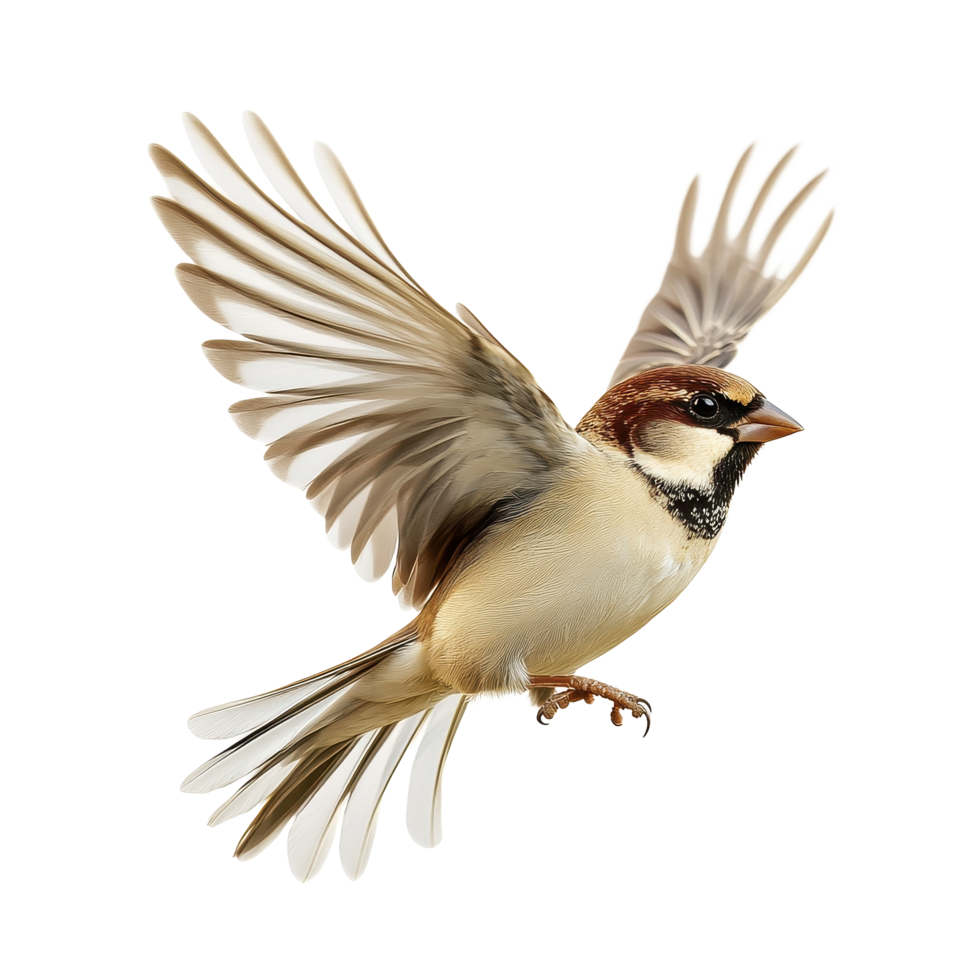Sparrow in flight showcasing wings against a white background, Flying Sparrow isolated on white background png